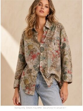 Artsy Neutral Floral Oversized Button Up Shirt Boho Minimalist M L